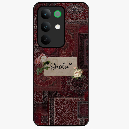 Velvet Wine Pattern Custom Name Glass Case showing flat back view with elegant wine colored pattern artwork and personalized name design.