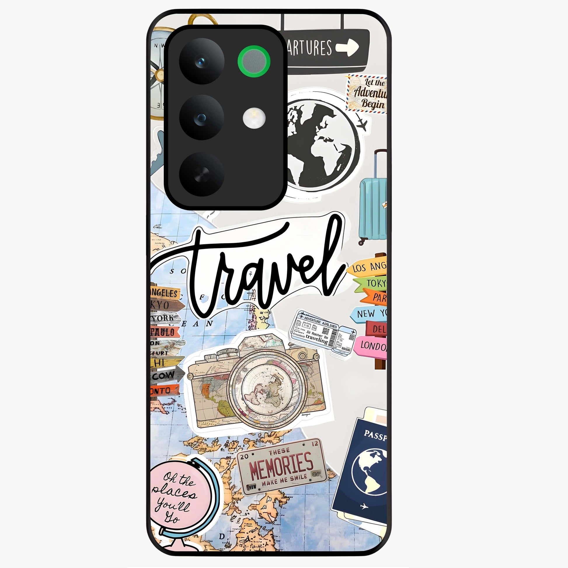 Wanderlust Journal Glass Case showing flat back view with travel inspired artwork and glossy glass finish.
