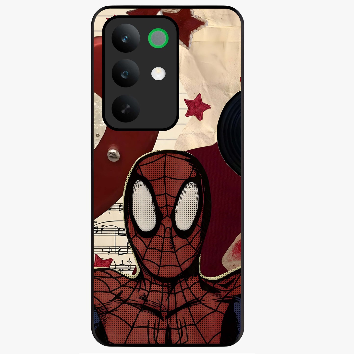 Web Warrior Vibes Glass Case showing flat back view with superhero inspired web themed artwork and glossy glass finish.