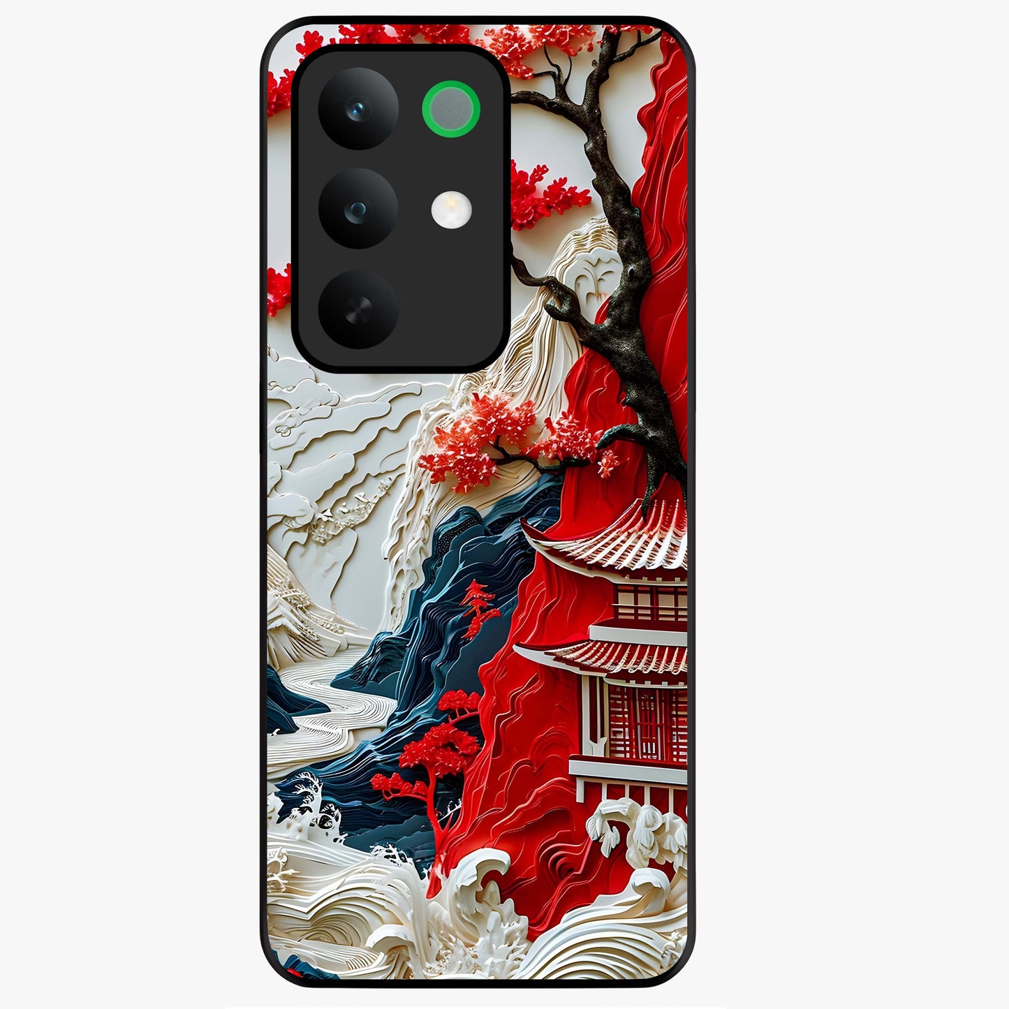Whispers Of Sakura Waves Glass Case showing flat back view with cherry blossom wave artwork and glossy glass finish.