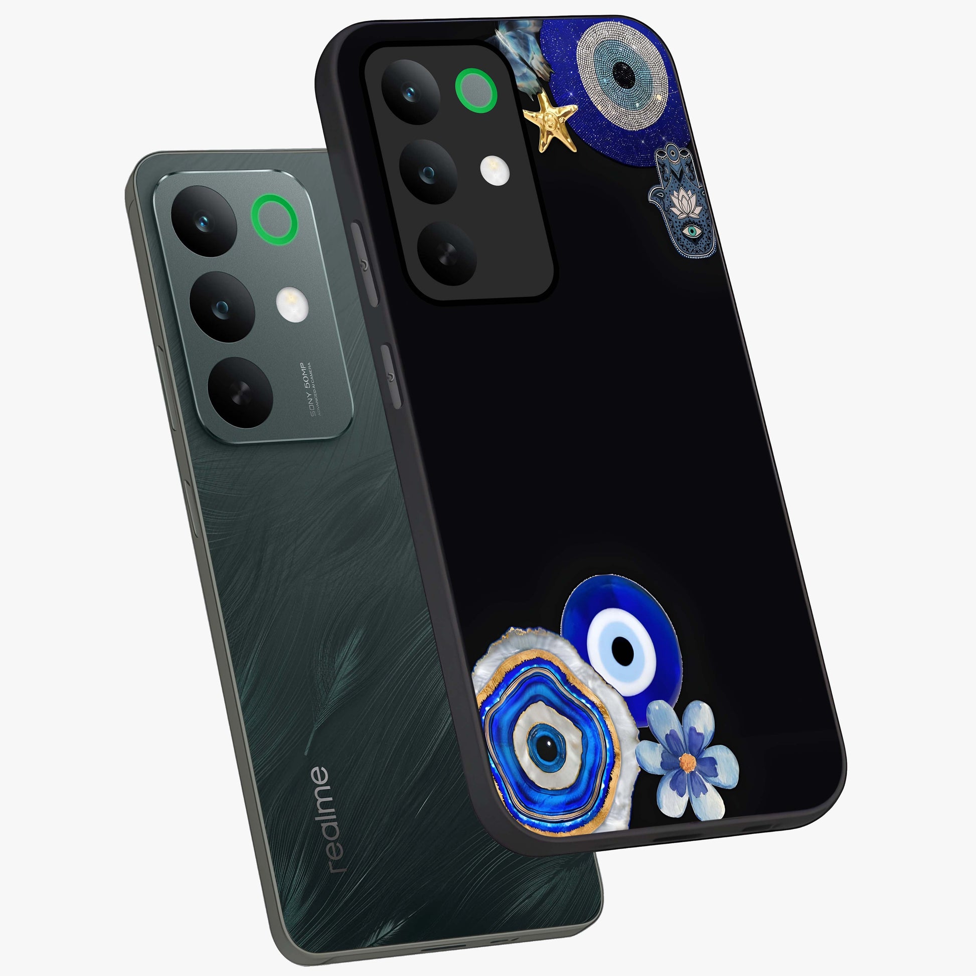 Aesthetic Blue Evil Eye Glass Case displayed in angled mockup highlighting blue evil eye symbol and spiritual aesthetic design.