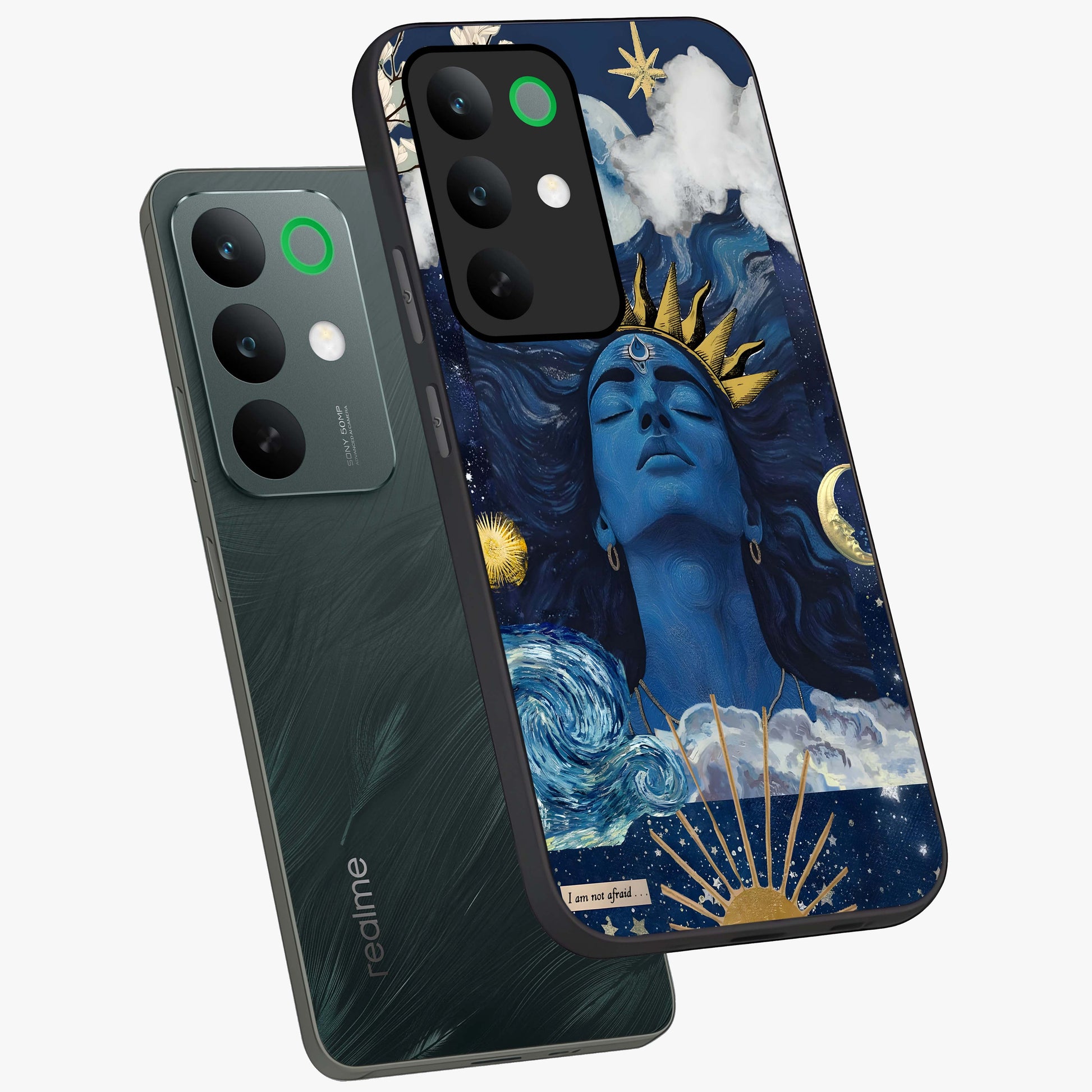 Aesthetic Lord Shiva Glass Case displayed in angled mockup highlighting spiritual Shiva illustration and sacred aesthetic design.