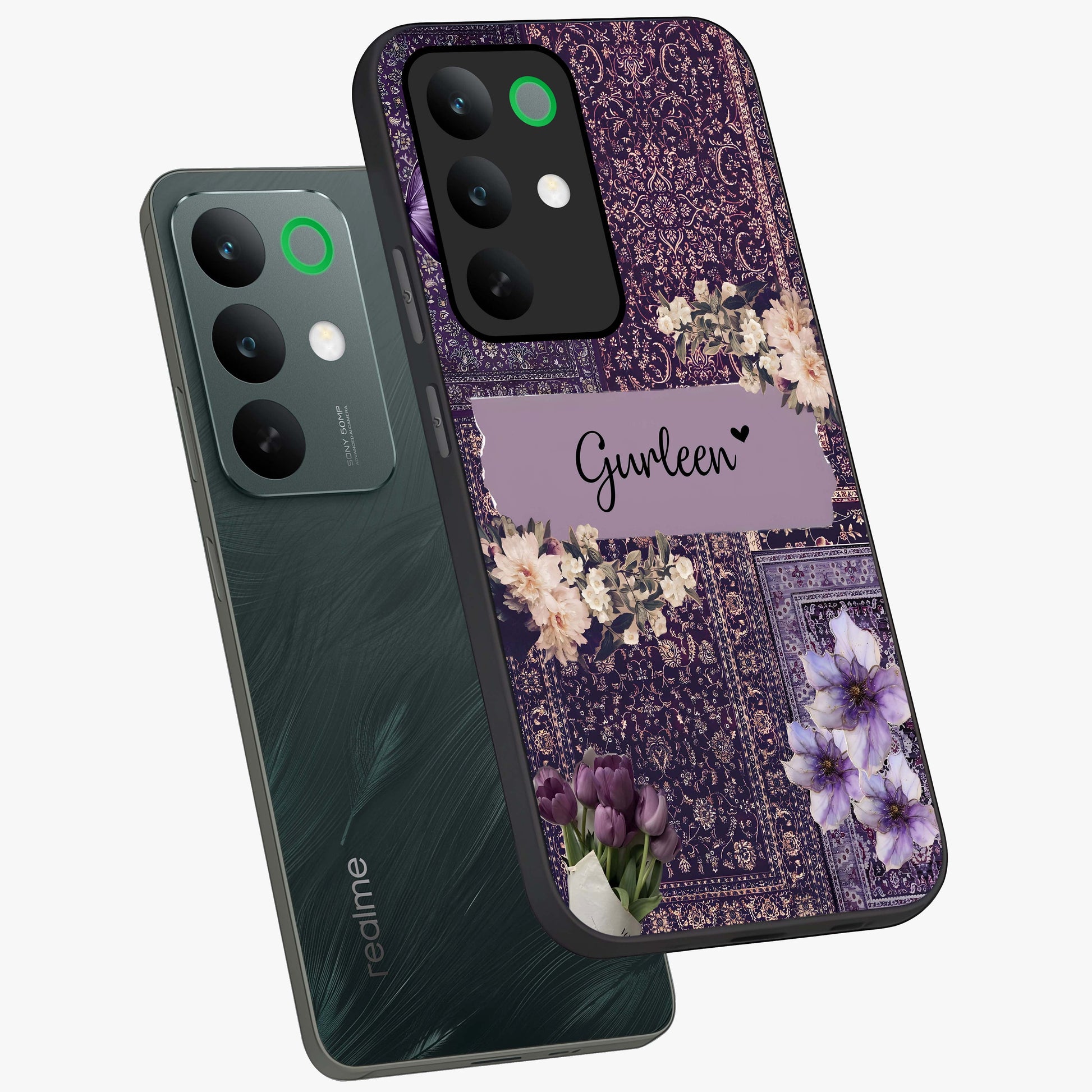 Antique Floral Whisper Custom Name Glass Case displayed in angled mockup highlighting elegant antique floral aesthetic.
