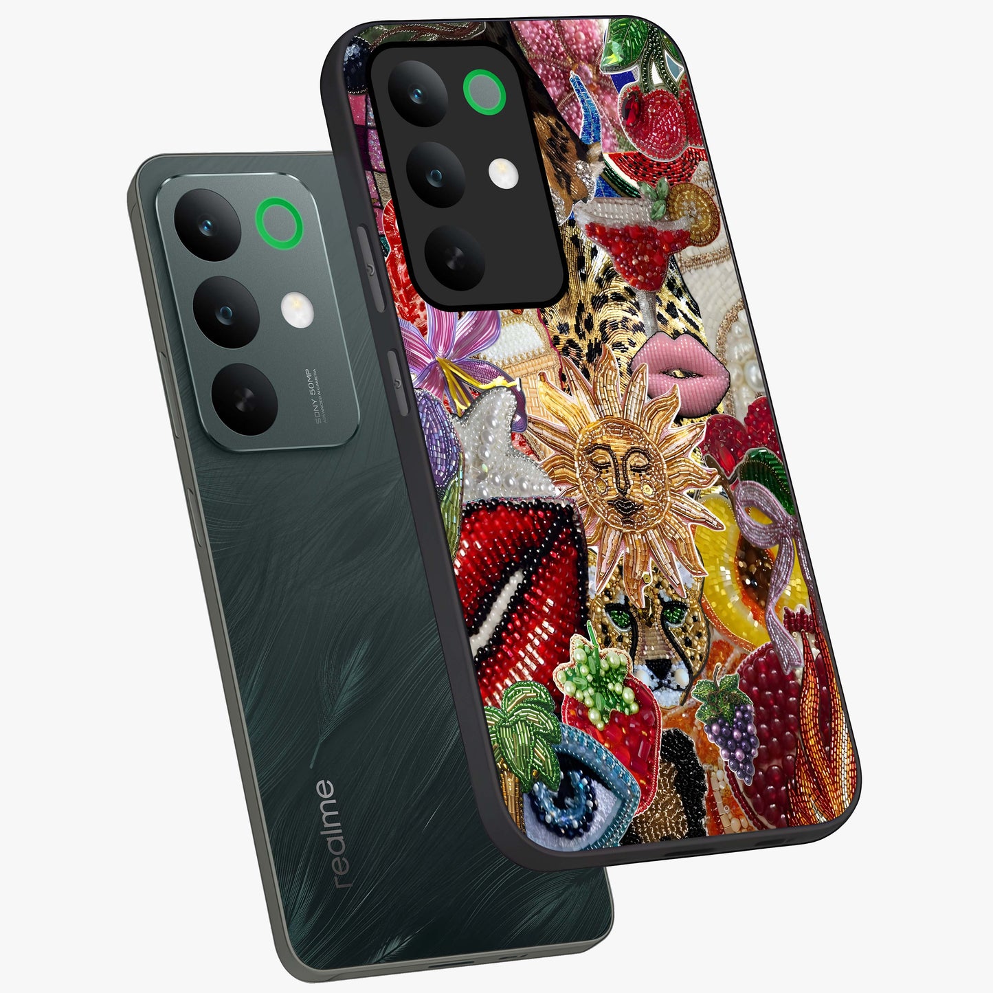 Beaded Fashion Jungle Glass Case displayed in angled mockup highlighting colorful fashion bead design and artistic pattern.