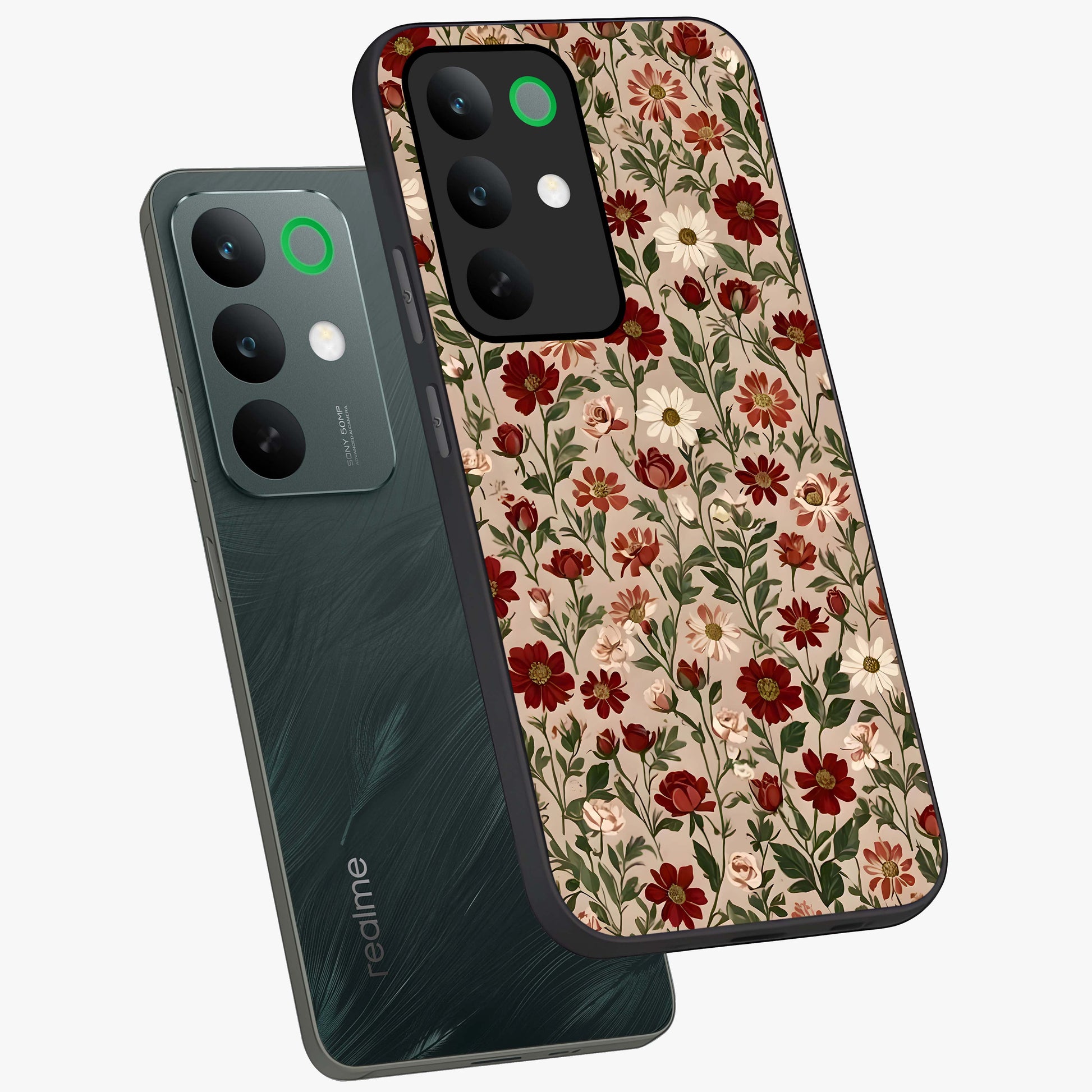 Biege Flower With Leaf Glass Case displayed in angled mockup highlighting minimal floral leaf design and elegant aesthetic.