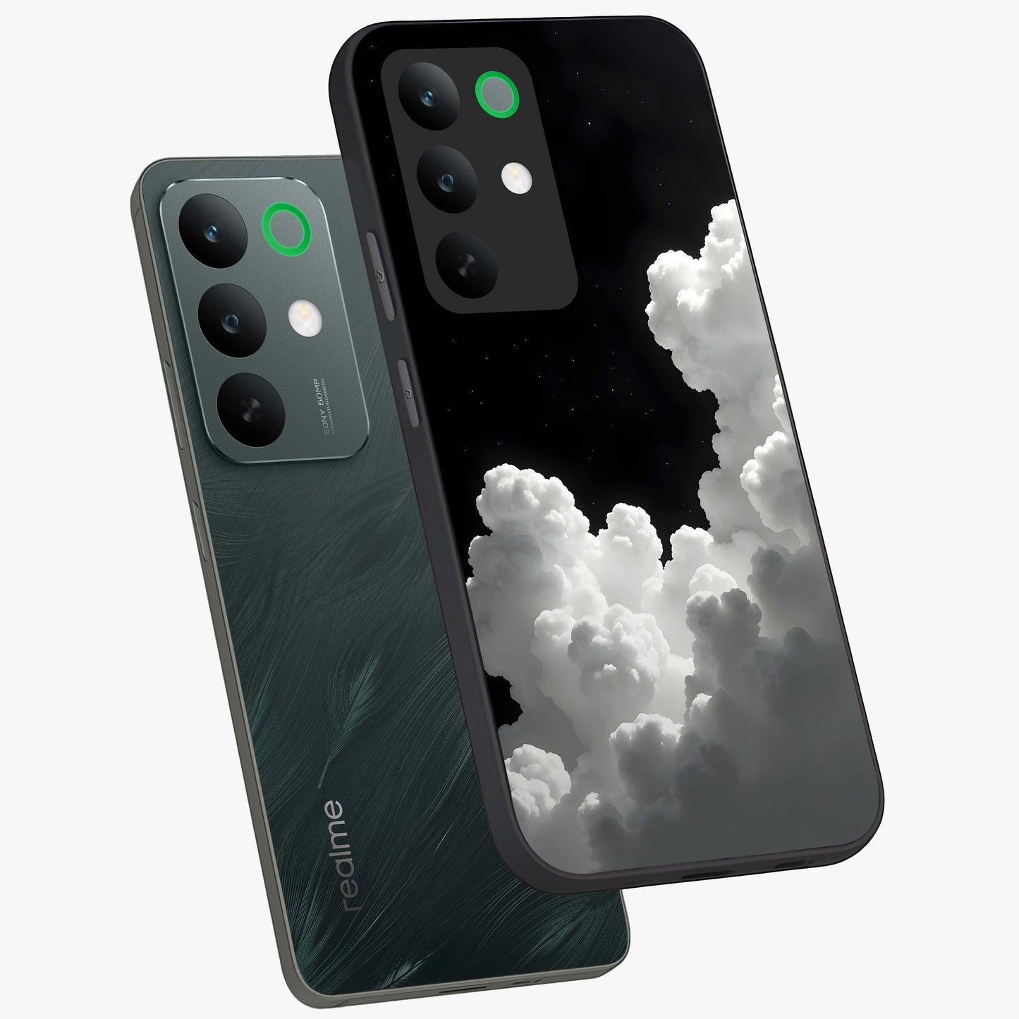Black Background With White Cloud Glass Case displayed in angled mockup highlighting soft white cloud illustration and minimal design.