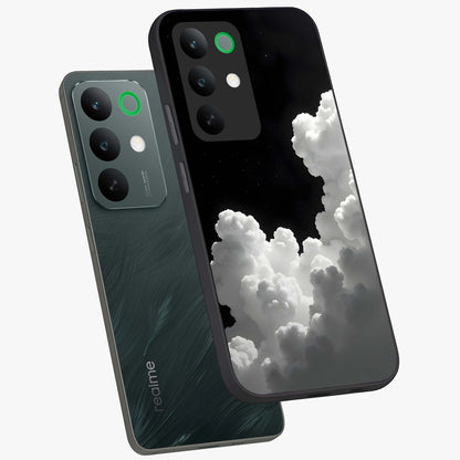 Black Background With White Cloud Glass Case displayed in angled mockup highlighting soft white cloud illustration and minimal design.