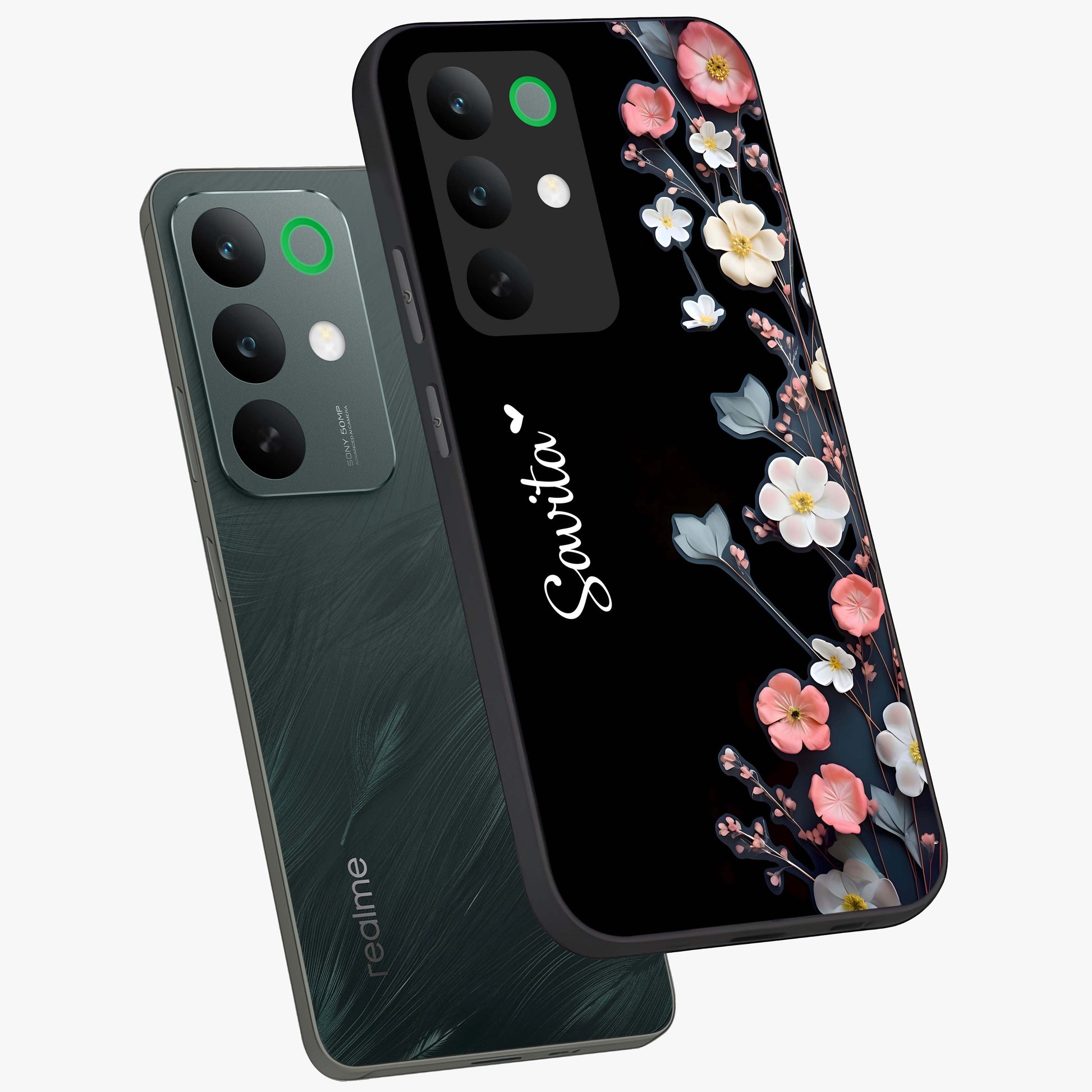 Black Elegance Floral Custom Name Glass Case displayed in angled mockup highlighting dark floral aesthetic and custom name feature.