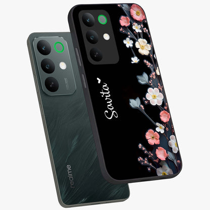 Black Elegance Floral Custom Name Glass Case displayed in angled mockup highlighting dark floral aesthetic and custom name feature.