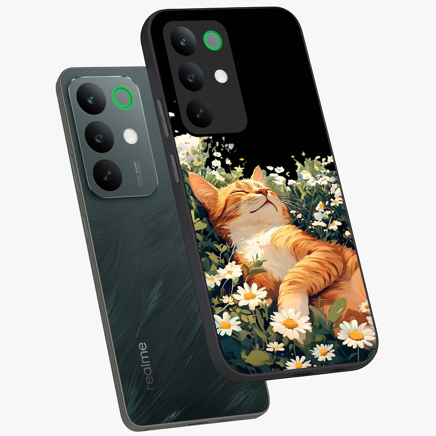 Blissful Bloom Cat Glass Case displayed in angled mockup highlighting playful feline illustration with soft floral aesthetic.