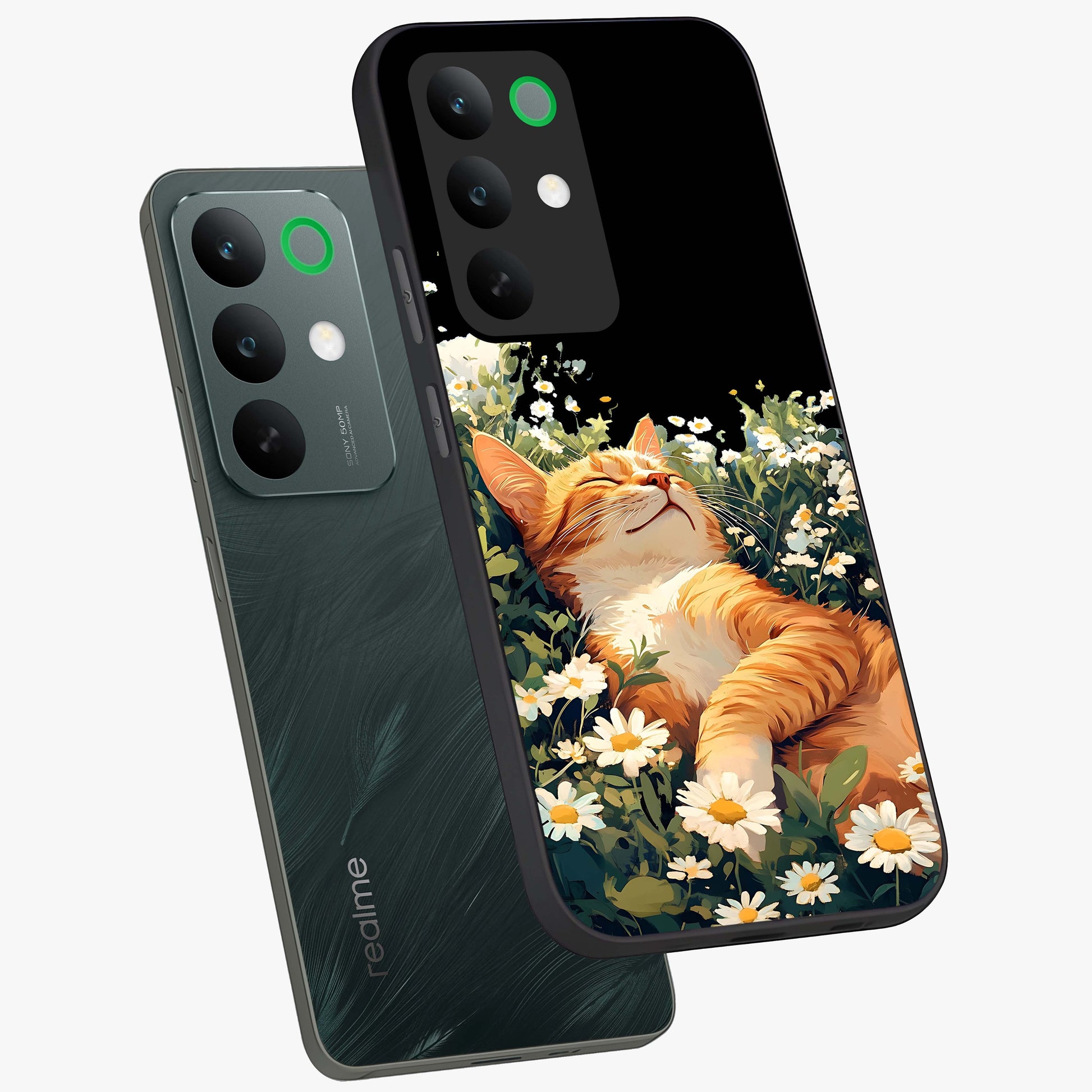 Blissful Bloom Cat Glass Case displayed in angled mockup highlighting playful feline illustration with soft floral aesthetic.