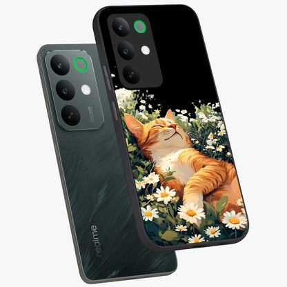 Blissful Bloom Cat Glass Case displayed in angled mockup highlighting playful feline illustration with soft floral aesthetic.