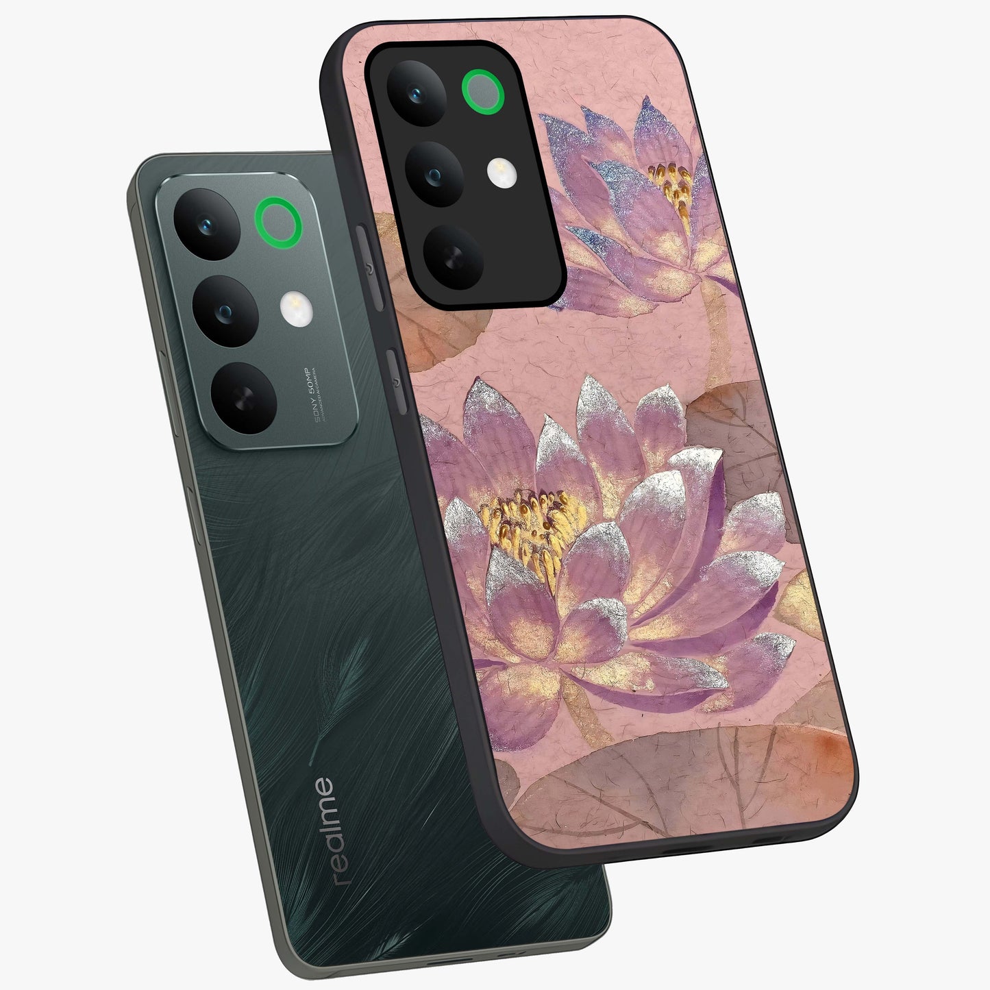 Blossom Mist Lotus Glass Case displayed in angled mockup highlighting delicate lotus illustration with calm aesthetic theme.