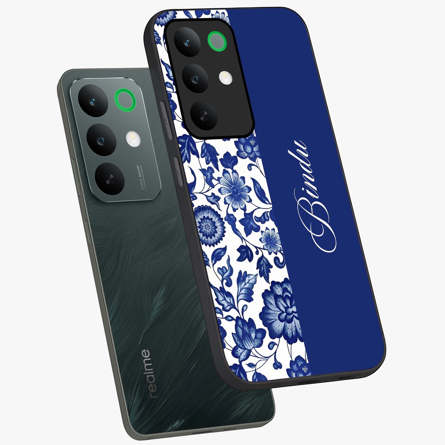 Blue Vintage Floral Pattern Glass Case displayed in angled mockup highlighting subtle bloom pattern with aesthetic pastel design.