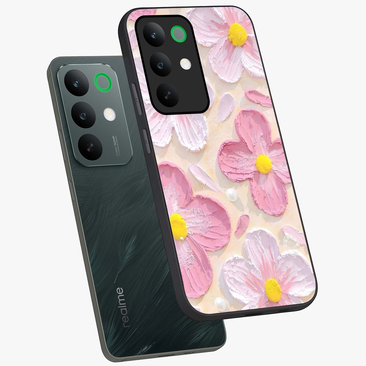 Blush Bloom Texture Glass Case displayed in angled mockup highlighting subtle bloom pattern with aesthetic pastel design.