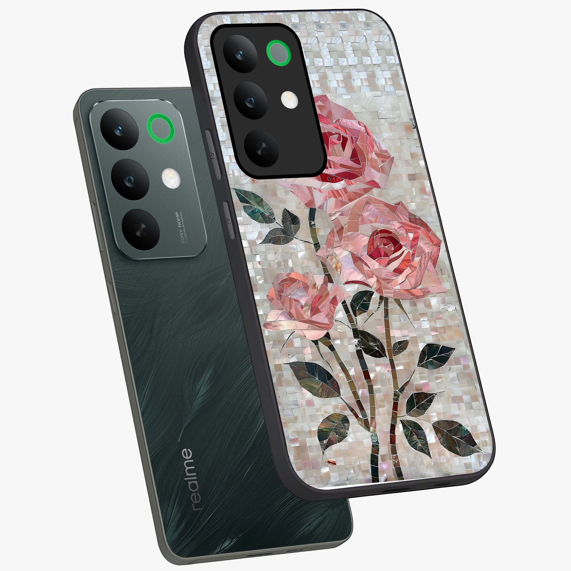 Blush Mosaic Bloom Glass Case displayed in angled mockup highlighting artistic mosaic flower pattern with aesthetic design.