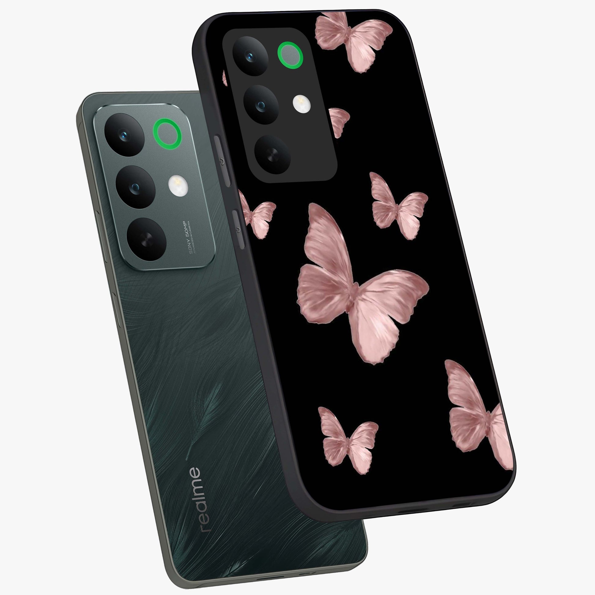 Butterfly Pattern Glass Case displayed in angled mockup highlighting delicate butterfly design and aesthetic pattern style.