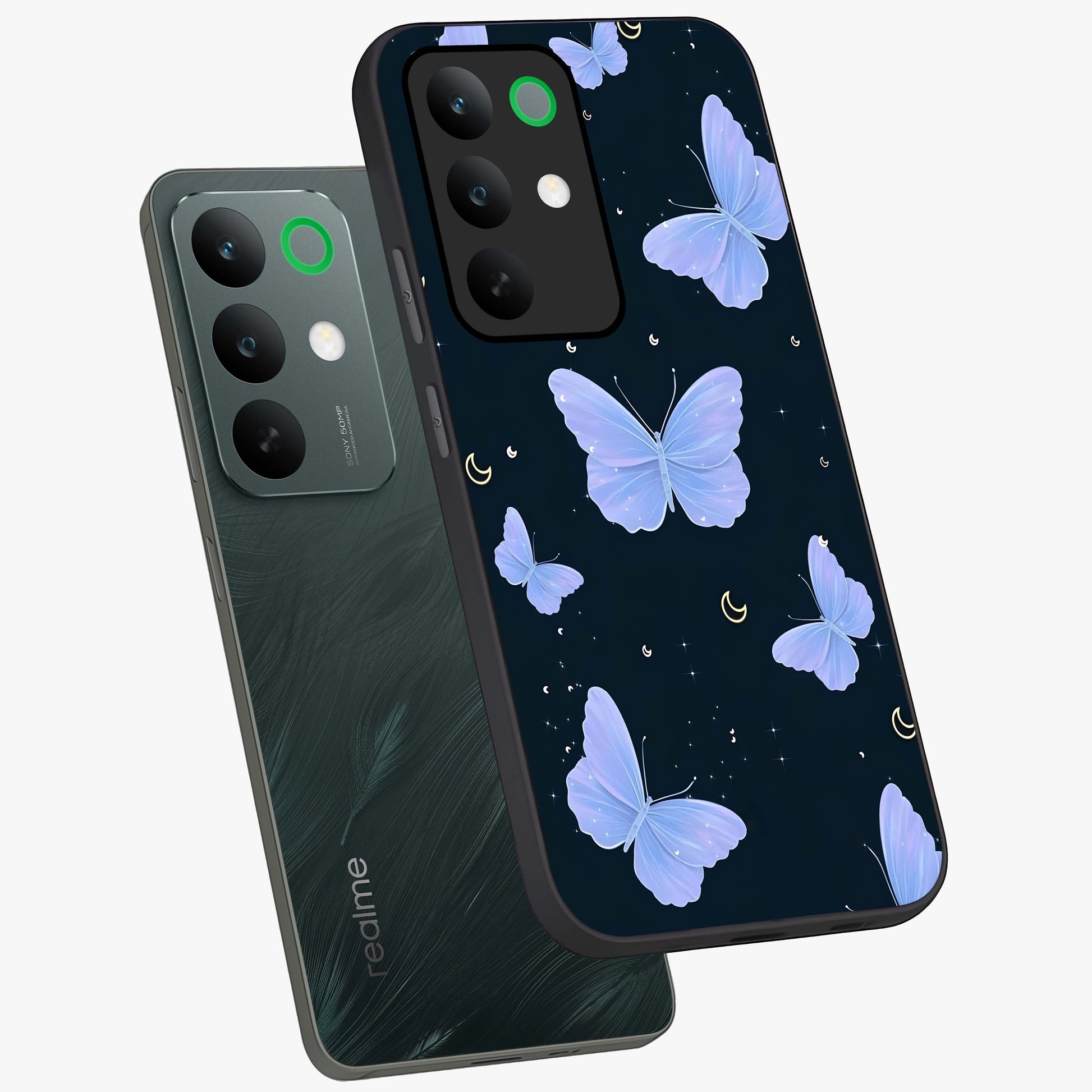 Butterfly With Stars Pattern Glass Case displayed in angled mockup highlighting dreamy butterfly and star design with aesthetic theme.