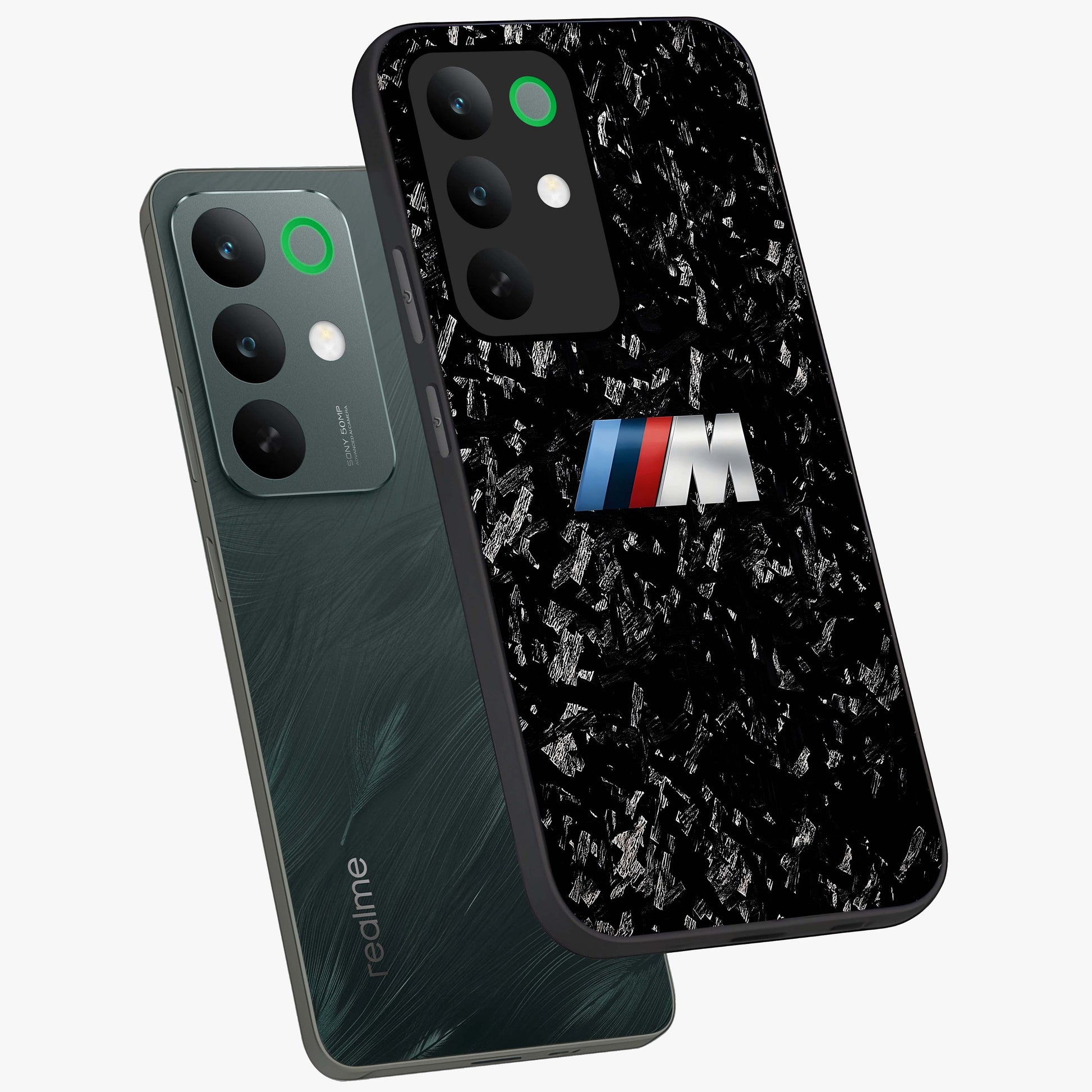 Carbon Speed Mark Glass Case displayed in angled mockup highlighting racing inspired carbon design and sleek aesthetic style.