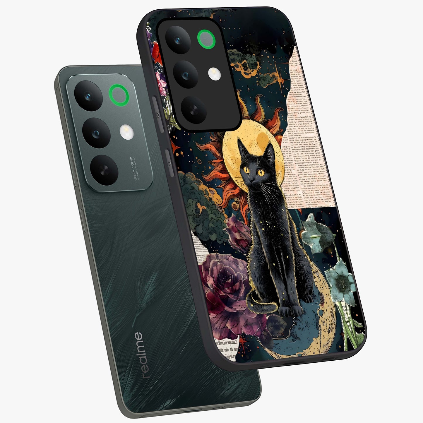 Celestial Black Cat Glass Case displayed in angled mockup highlighting cosmic black cat design with celestial aesthetic.