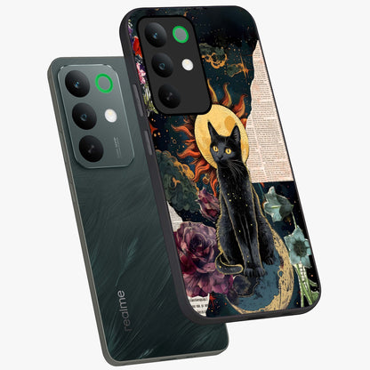 Celestial Black Cat Glass Case displayed in angled mockup highlighting cosmic black cat design with celestial aesthetic.