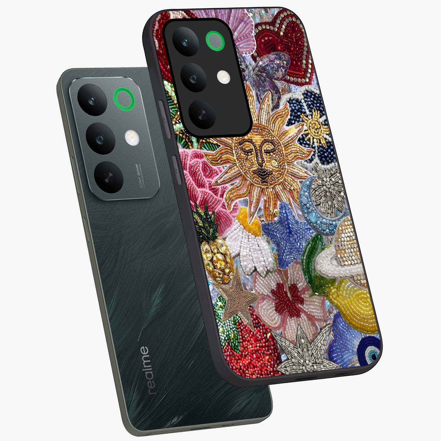 Celestial Floral and Playful Glass Case displayed in angled mockup highlighting playful floral design with dreamy celestial elements.