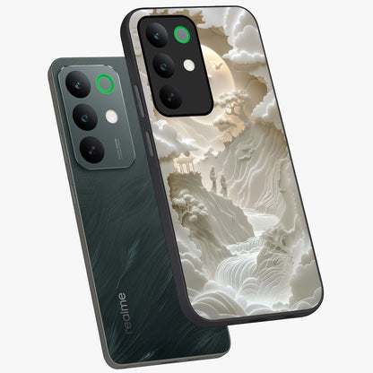Celestial Origami Glass Case displayed in angled mockup highlighting geometric origami design with cosmic aesthetic theme.