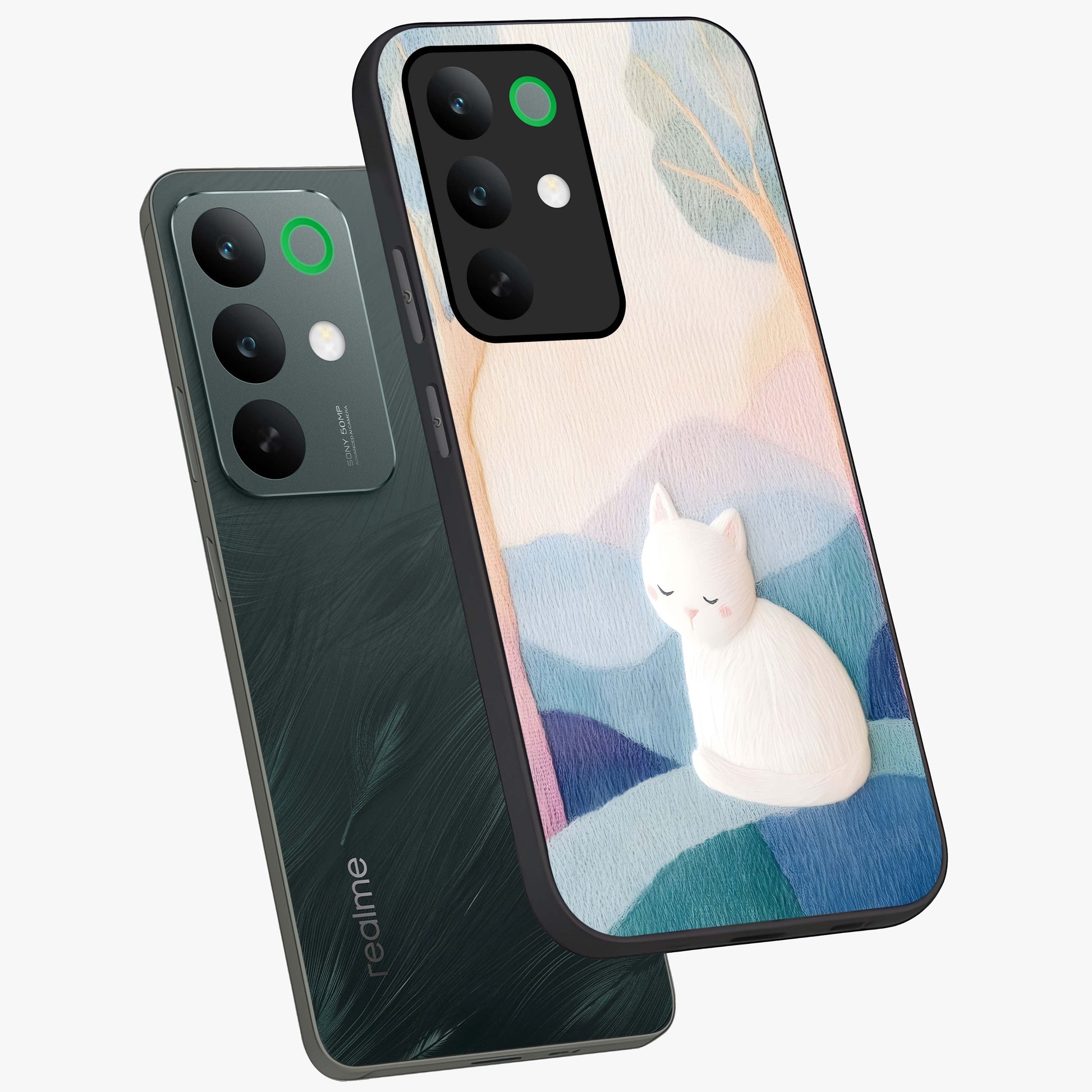 Cotton Dream Cat Glass Case displayed in angled mockup highlighting cute feline illustration with pastel aesthetic style.