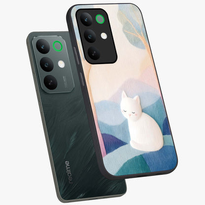 Cotton Dream Cat Glass Case displayed in angled mockup highlighting cute feline illustration with pastel aesthetic style.