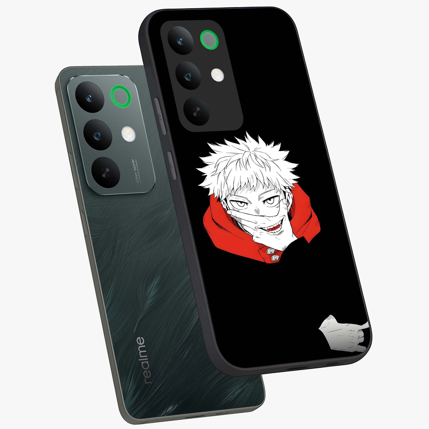 Crimson Chaos Smile Glass Case displayed in angled mockup highlighting edgy crimson smile design with graphic aesthetic.