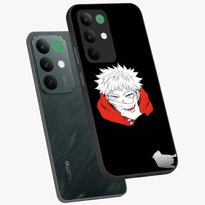 Crimson Chaos Smile Glass Case displayed in angled mockup highlighting edgy crimson smile design with graphic aesthetic.