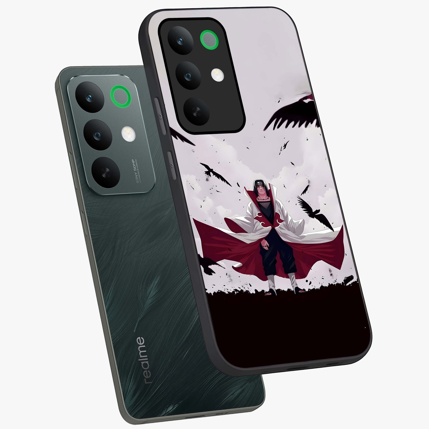 Crimson Crow Ascension Glass Case displayed in angled mockup highlighting powerful crow illustration with dark crimson aesthetic.