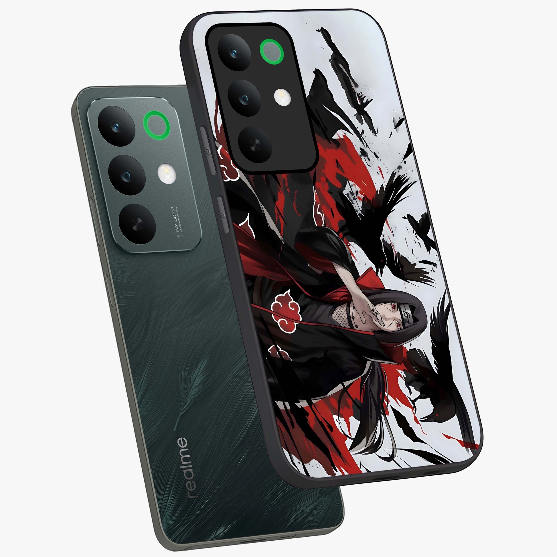 Crimson Crow Illusion Glass Case displayed in angled mockup highlighting mysterious crow graphic with dark aesthetic style.
