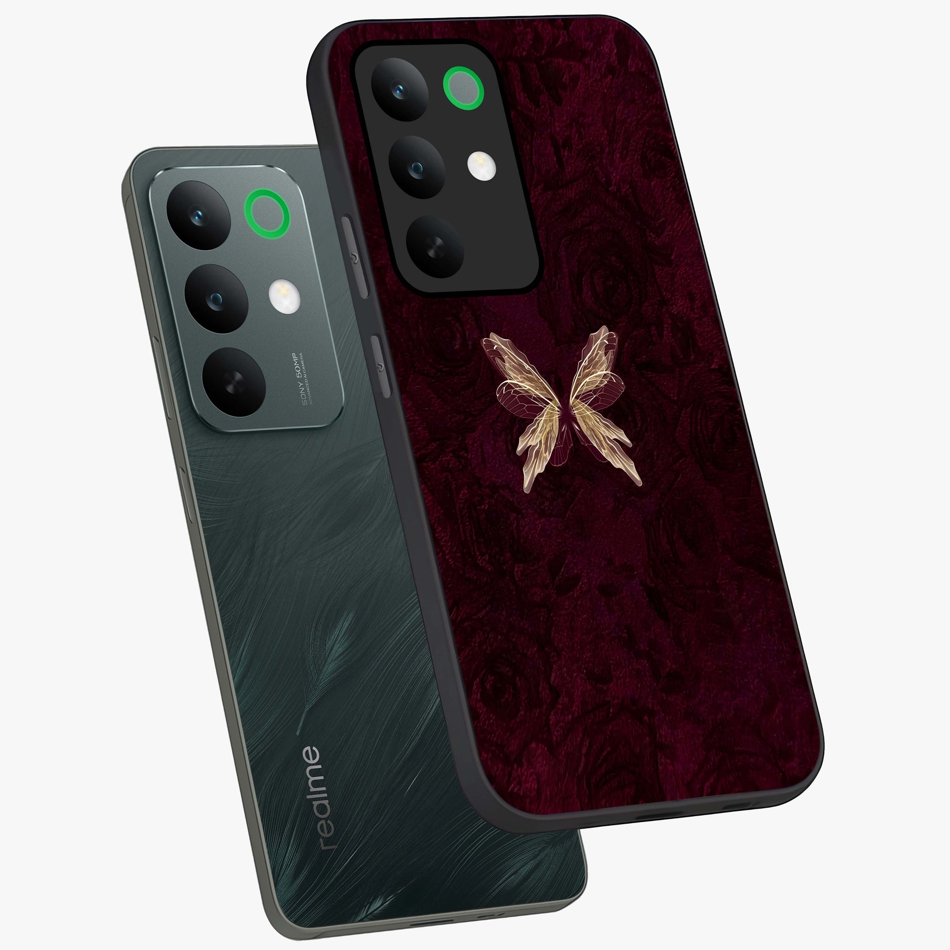 Crimson Fade Butterfly Glass Case displayed in angled mockup highlighting elegant butterfly design with crimson gradient aesthetic.