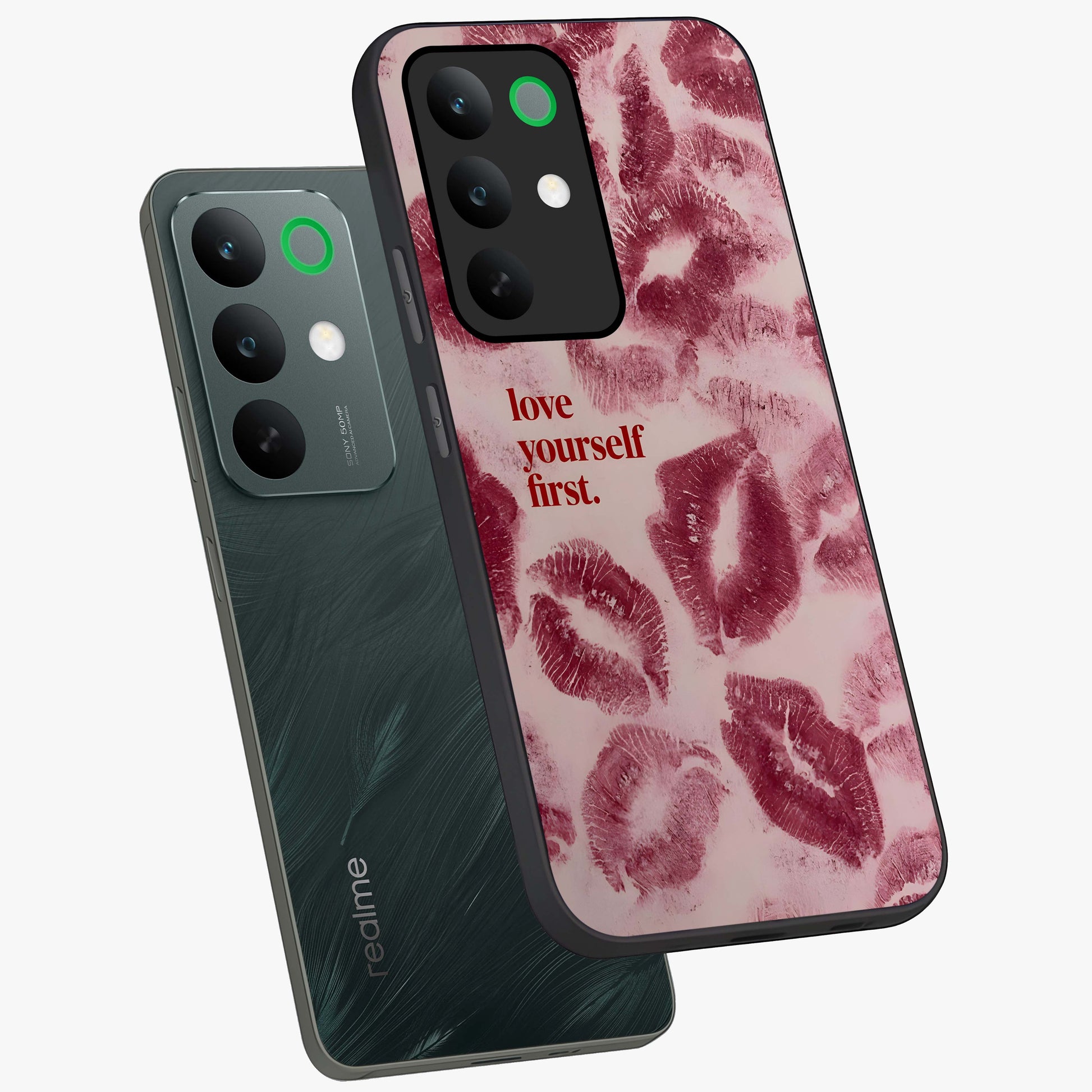 Crimson Kiss Love Glass Case displayed in angled mockup highlighting bold love inspired design with modern aesthetic style.