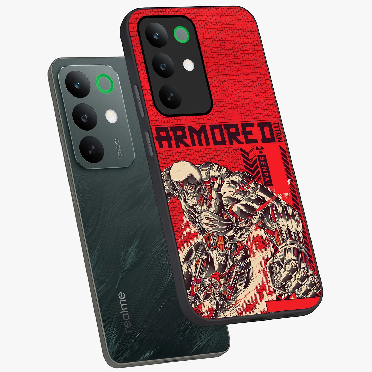 Crimson Mecha Titan Glass Case displayed in angled mockup highlighting futuristic mech illustration with bold crimson aesthetic.