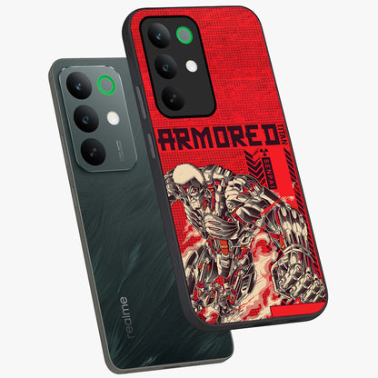 Crimson Mecha Titan Glass Case displayed in angled mockup highlighting futuristic mech illustration with bold crimson aesthetic.