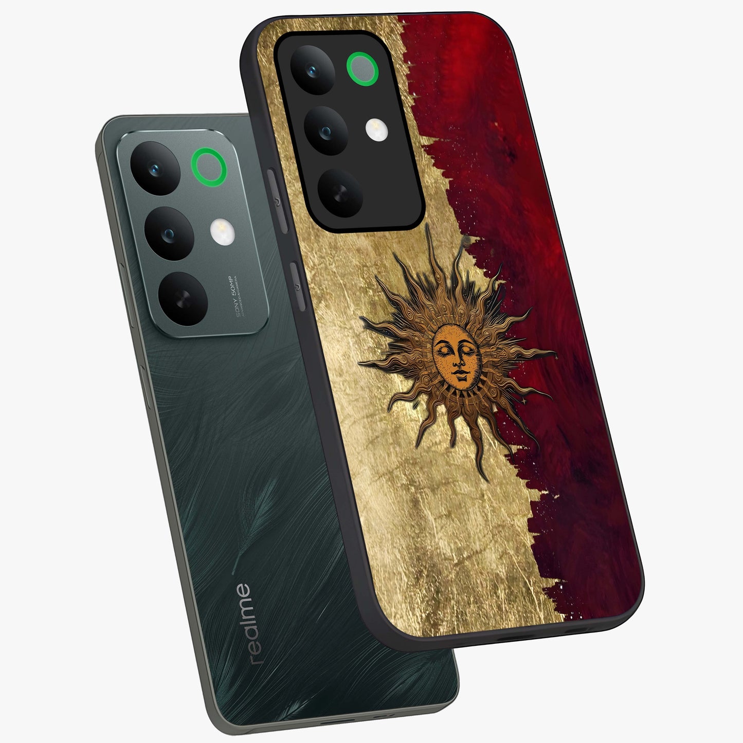 Crimson Sun Majesty Glass Case displayed in angled mockup highlighting majestic crimson sun design with bold aesthetic style.