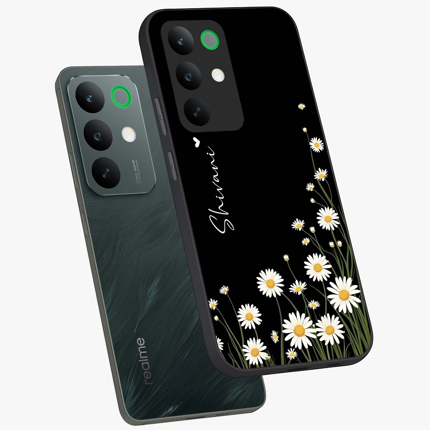 Daisy Cascade Custom Name Glass Case displayed in angled mockup highlighting delicate daisy artwork with custom name feature.