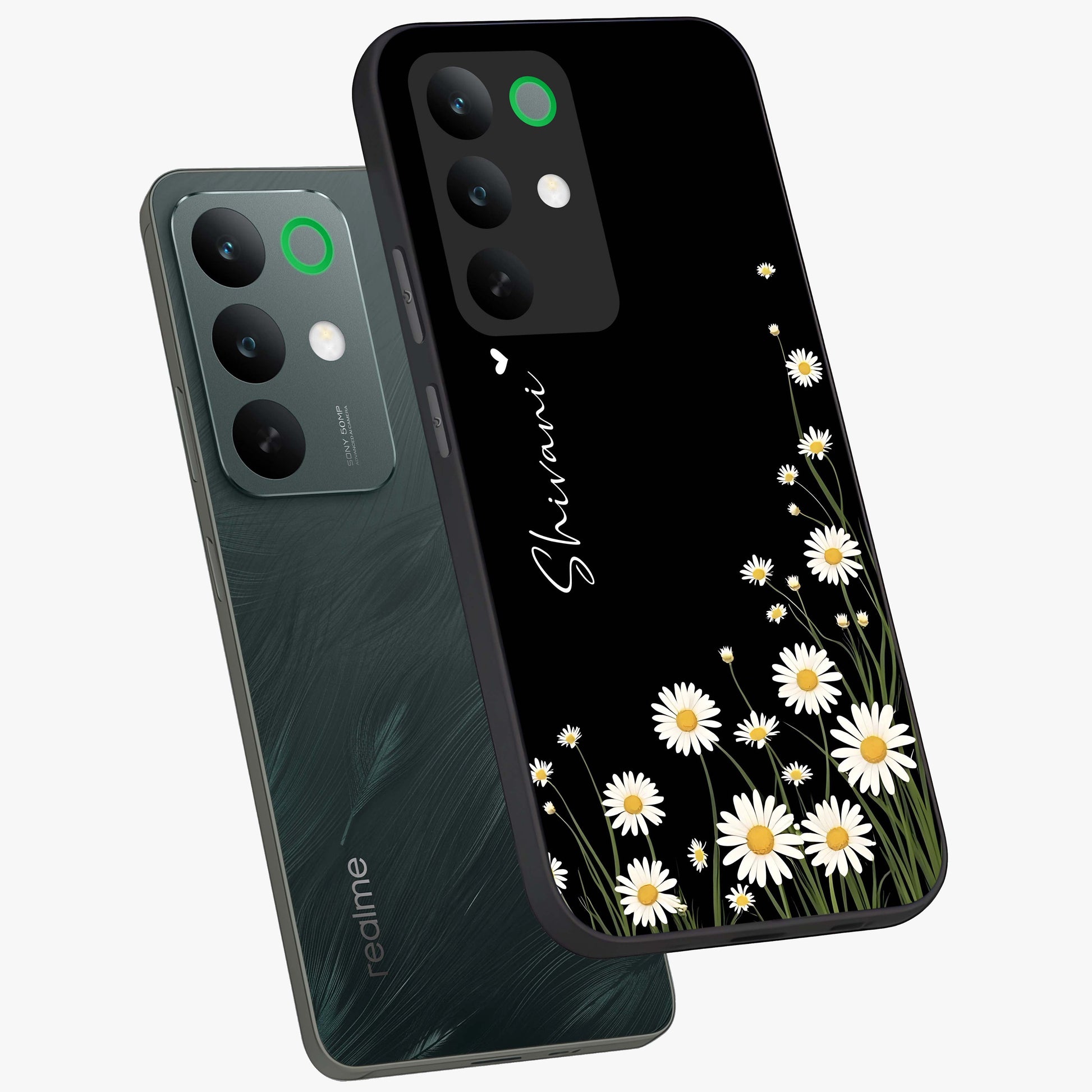 Daisy Cascade Custom Name Glass Case displayed in angled mockup highlighting delicate daisy artwork with custom name feature.