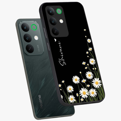 Daisy Cascade Custom Name Glass Case displayed in angled mockup highlighting delicate daisy artwork with custom name feature.
