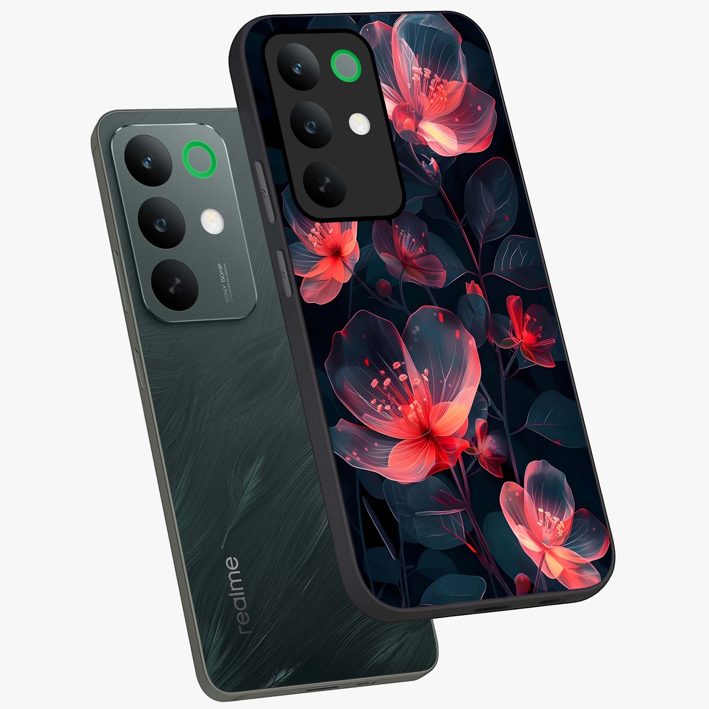 Dark Shade of Flower Glass Case displayed in angled mockup highlighting moody floral illustration with aesthetic dark tones.