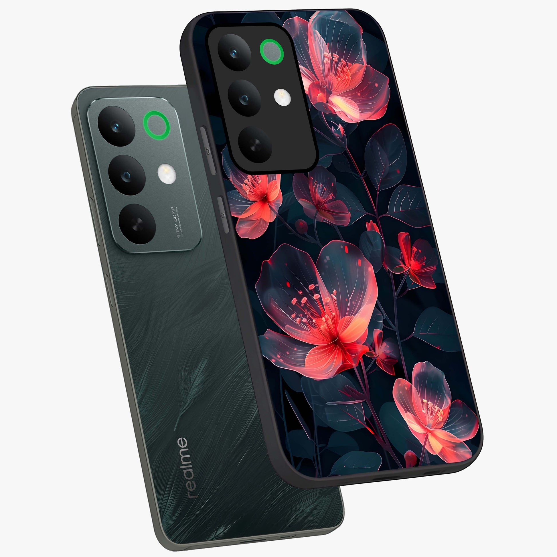 Dark Shade of Flower Glass Case displayed in angled mockup highlighting moody floral illustration with aesthetic dark tones.