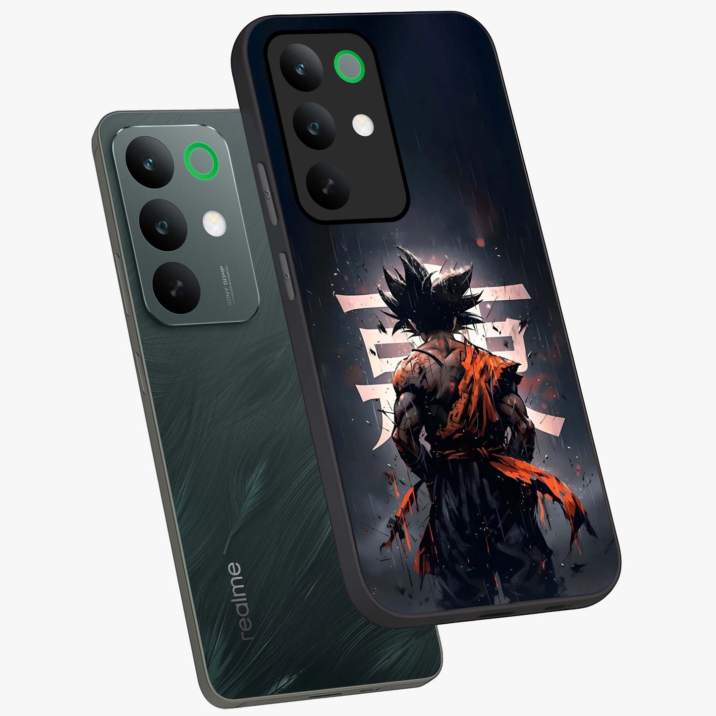 Dark Warrior In Rain Glass Case displayed in angled mockup highlighting dramatic warrior illustration with dark rain aesthetic.