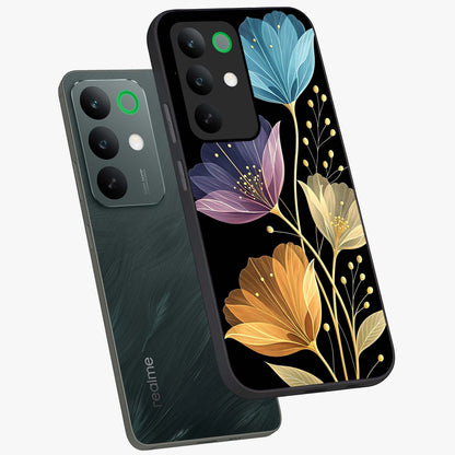 Delicate Multicolor Flowers Glass Case displayed in angled mockup highlighting colorful flower pattern with soft aesthetic style.