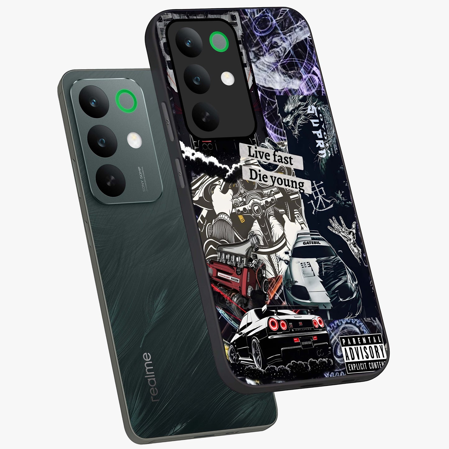 Die Young Glass Case displayed in angled mockup highlighting expressive graphic artwork with edgy aesthetic style.