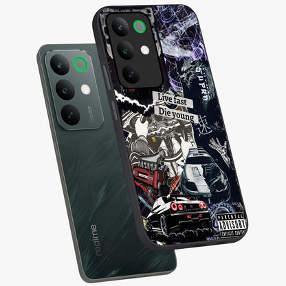Die Young Glass Case displayed in angled mockup highlighting expressive graphic artwork with edgy aesthetic style.