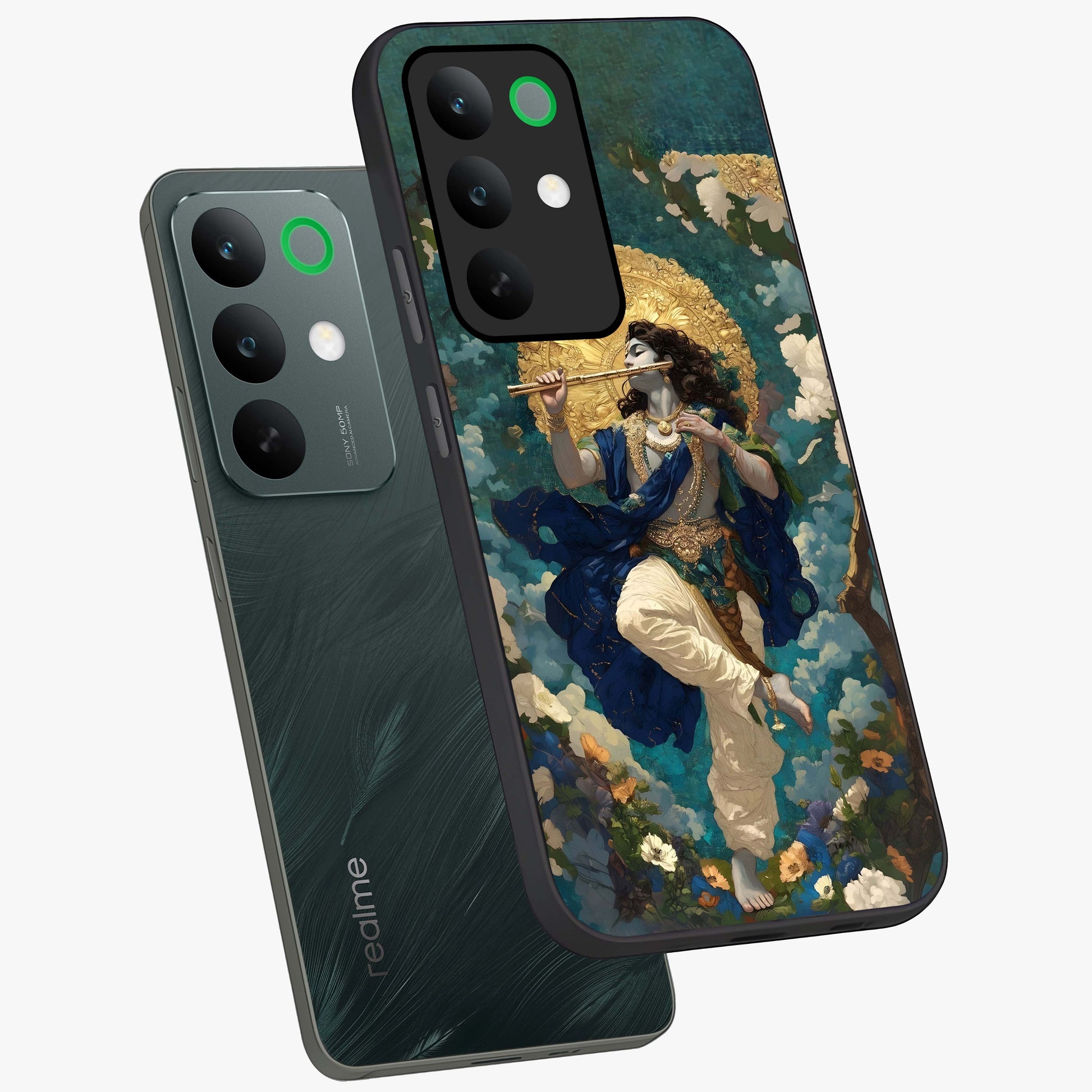 Divine Krishna Art Glass Case displayed in angled mockup highlighting spiritual Krishna illustration with devotional aesthetic.