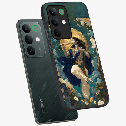 Divine Krishna Art Glass Case displayed in angled mockup highlighting spiritual Krishna illustration with devotional aesthetic.