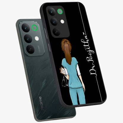 Doctor Pattern Custom Name Glass Case displayed in angled mockup highlighting doctor inspired artwork with custom name feature.
